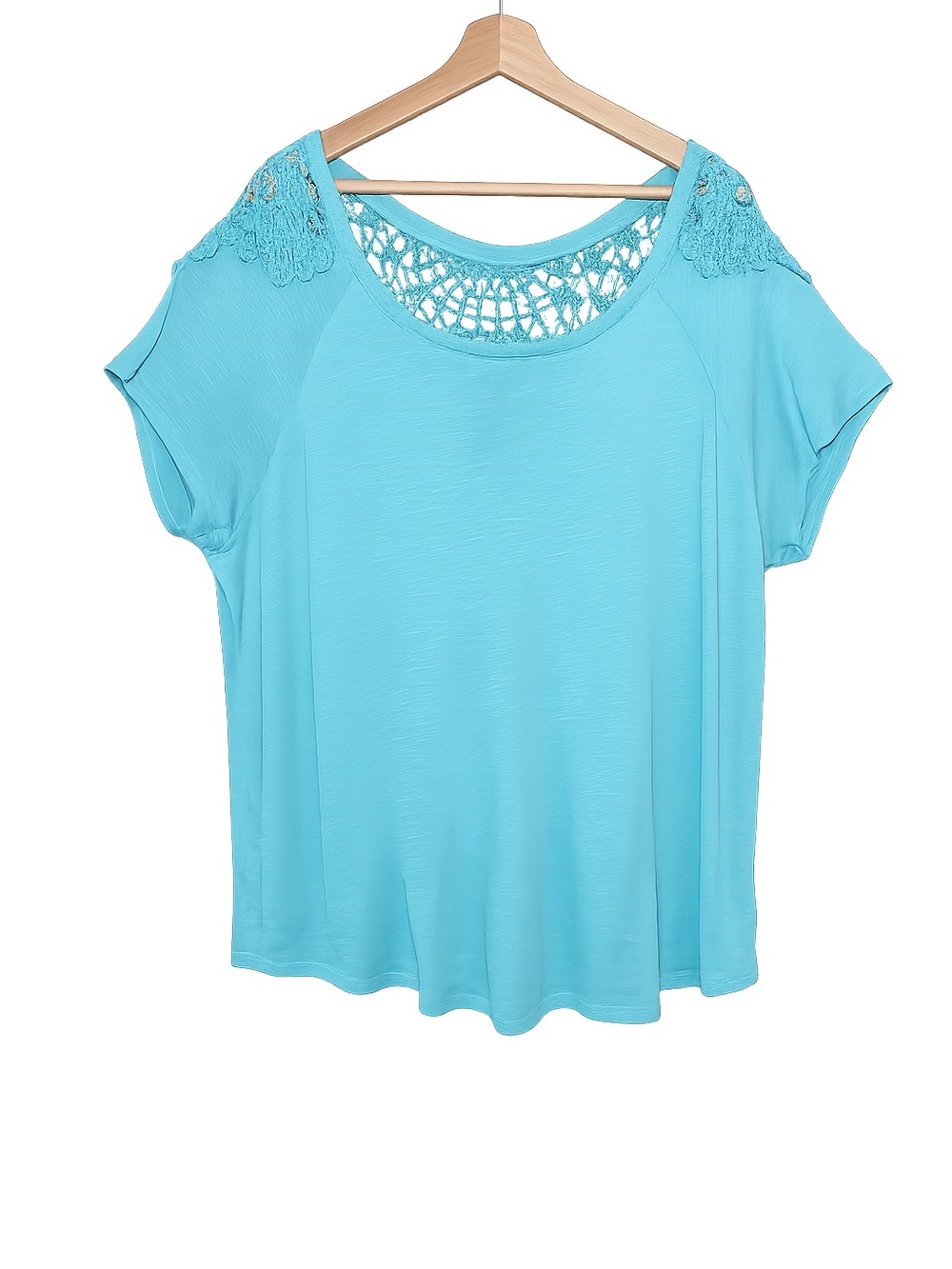 Aqua Crochet Lace Top | Boho Coastal Blouse | Short Sleeve Boutique Tee - Picture 2 of 11